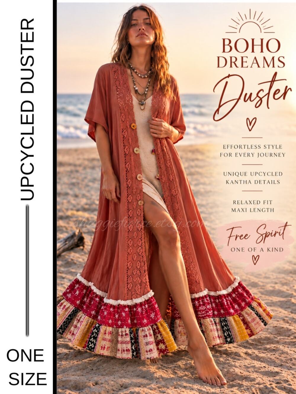 MSRP: $98 | ✨ OOAK Upcycled Kantha Boho Maxi Duster – One Size ✨SAME DAY SHIP